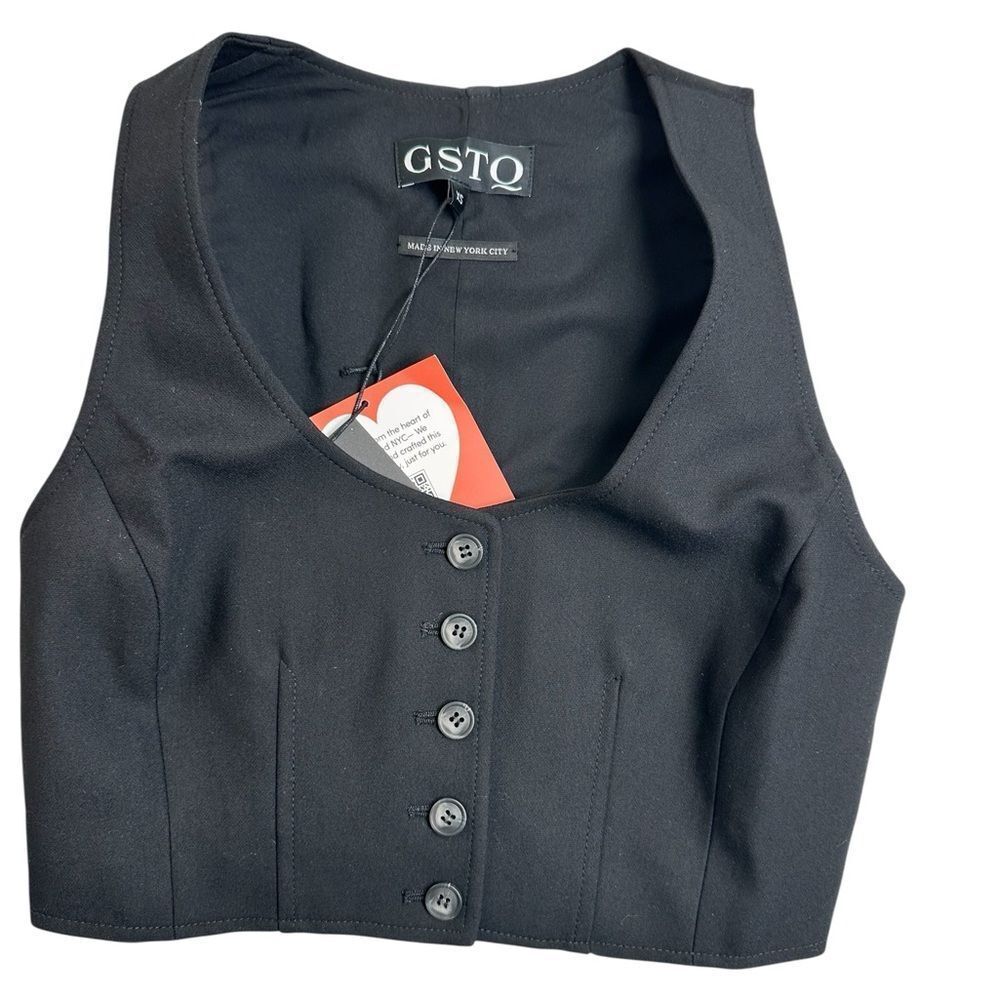 NWT GSTQ Women’s Black Button-Down Luxe Tailored Crop Vest Top - Size XS - Picture 3 of 7